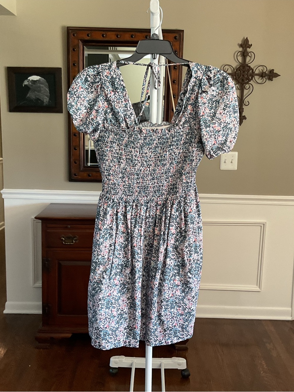 Smocked Floral Puff-Sleeve Dress - Blue & Pink